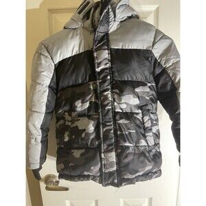 There About Kids Puffer Hooded Fleece Lined Grey Camo Xs 4/5 Winter Coat
